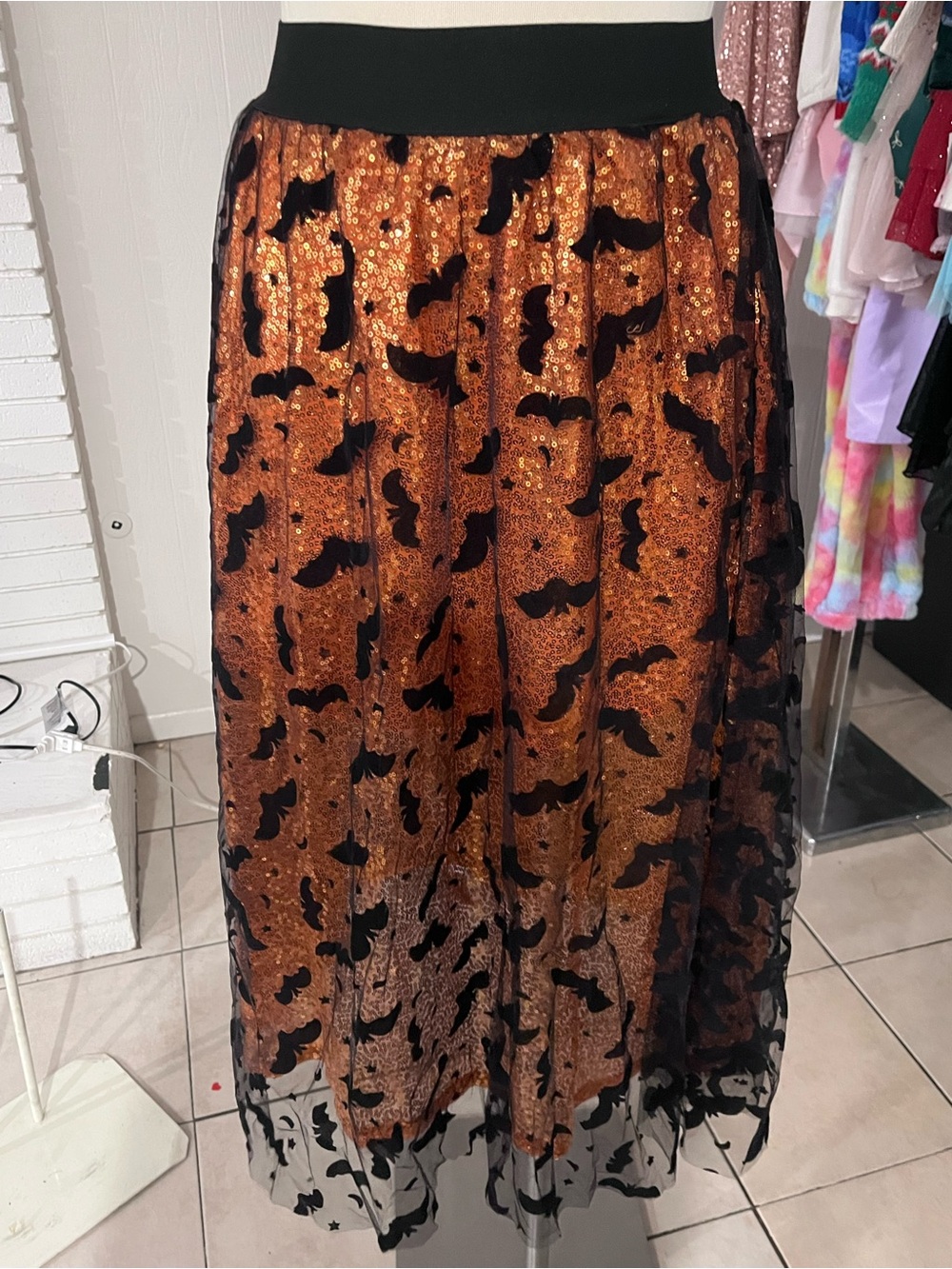 Black & Orange Sequin Bat Tulle Skirt - Women